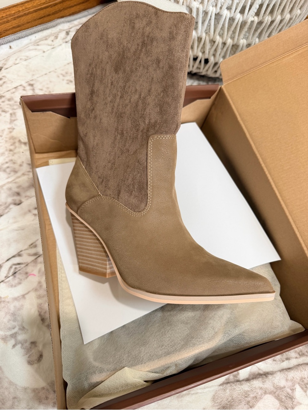 Women’s Taupe Suede Pointed Western Ankle Boot with Block Heel